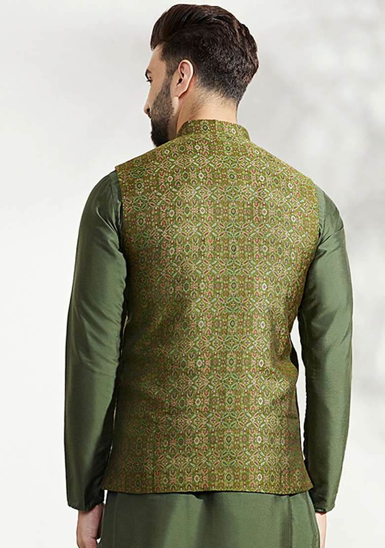 Olive green Woven Jacquard Silk Blend Jacquard Jacket - Indya