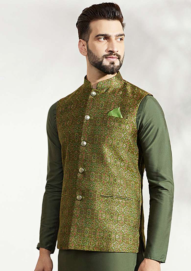 Olive green Woven Jacquard Silk Blend Jacquard Jacket - Indya