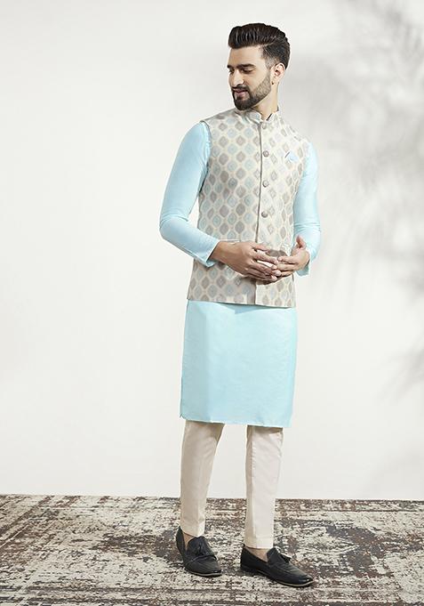 Off White Jacquard Silk Blend Jacket