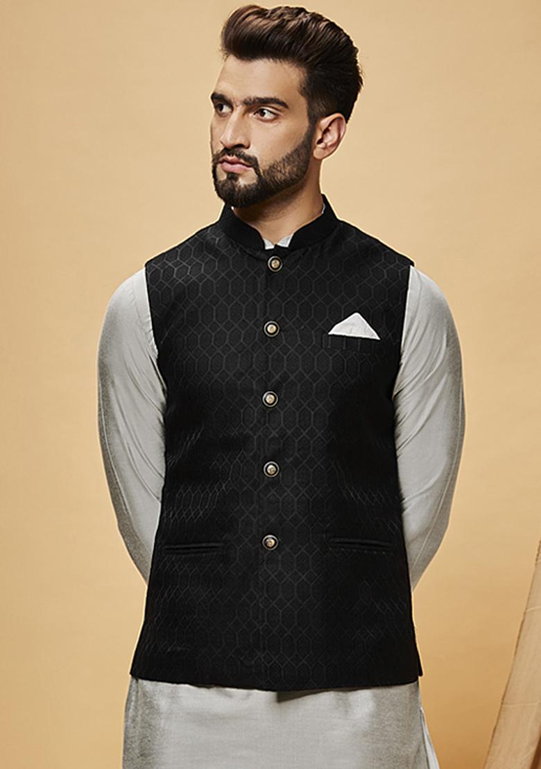 Black Woven Jacquard Silk Blend Jacquard Jacket - Indya