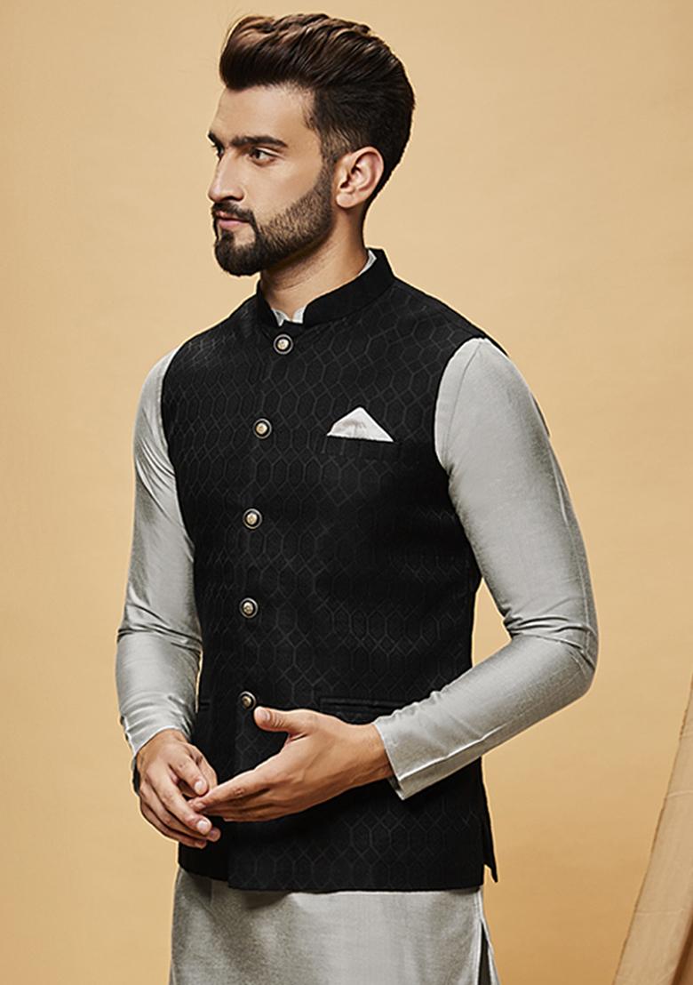 Black Woven Jacquard Silk Blend Jacquard Jacket - Indya