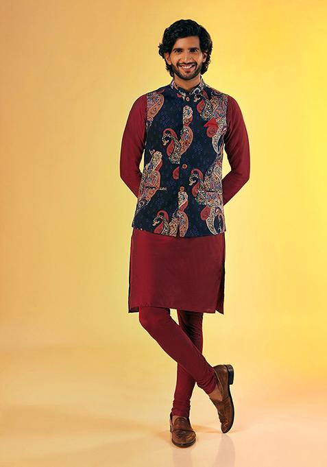 Navy Blue Digital Print Cotton Blend Jacket