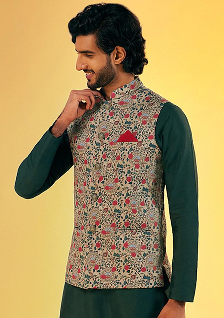 Olive Digital Print Cotton Blend Jacket - Indya