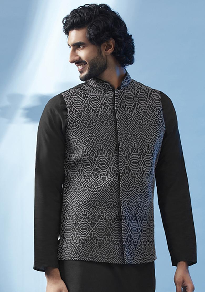 Black Embroidered Silk Blend Jacket - Indya