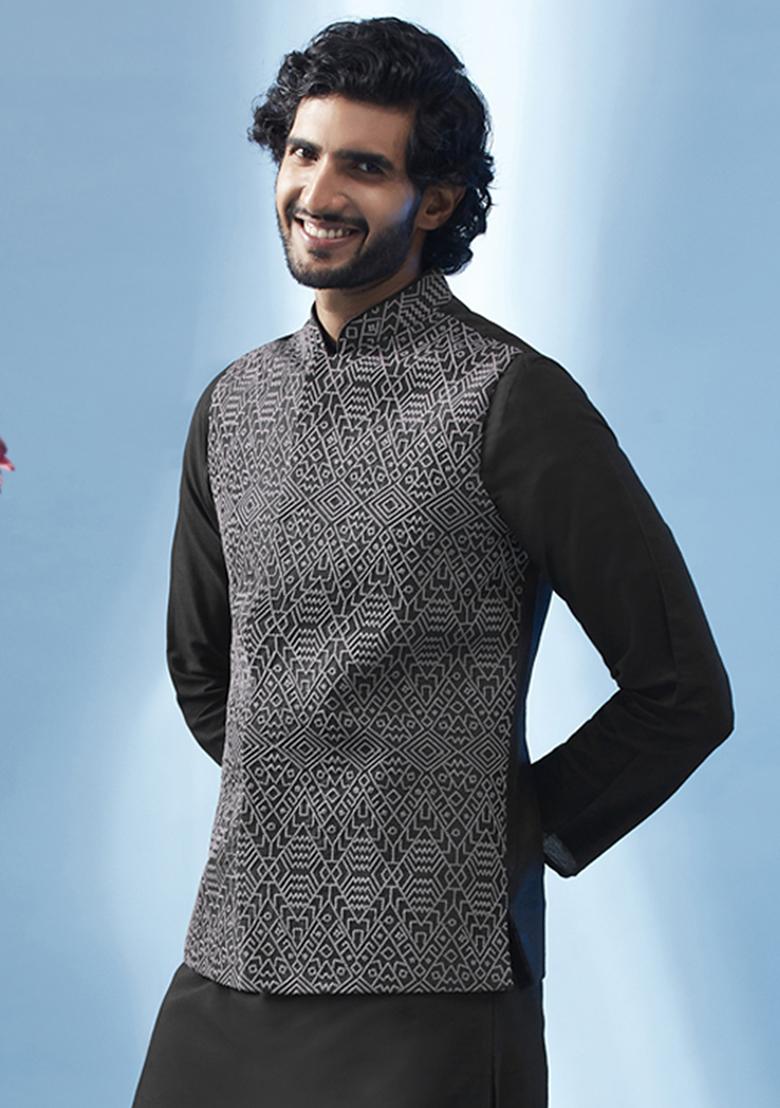 Black Embroidered Silk Blend Jacket - Indya