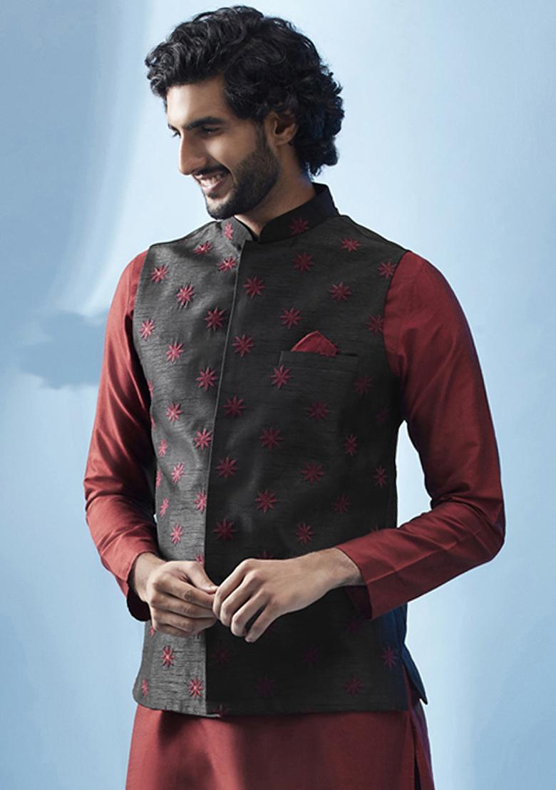 Black Embroidered Silk Blend Jacket - Indya