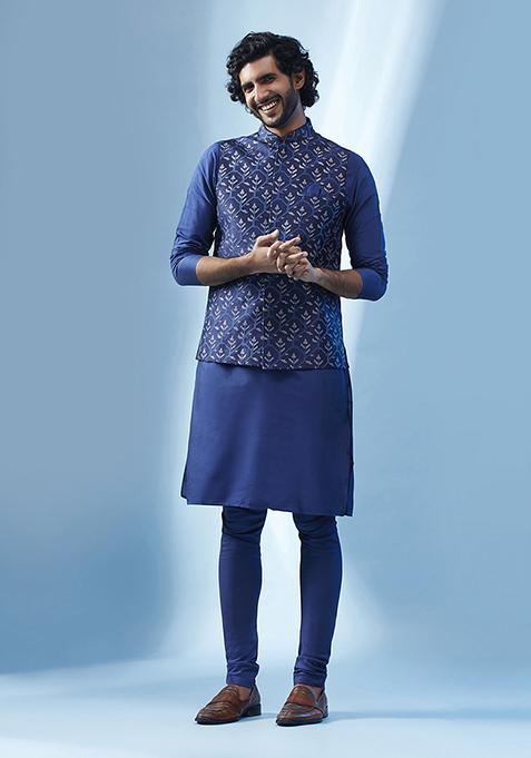 Navy Blue Embroidered Silk Blend Jacket