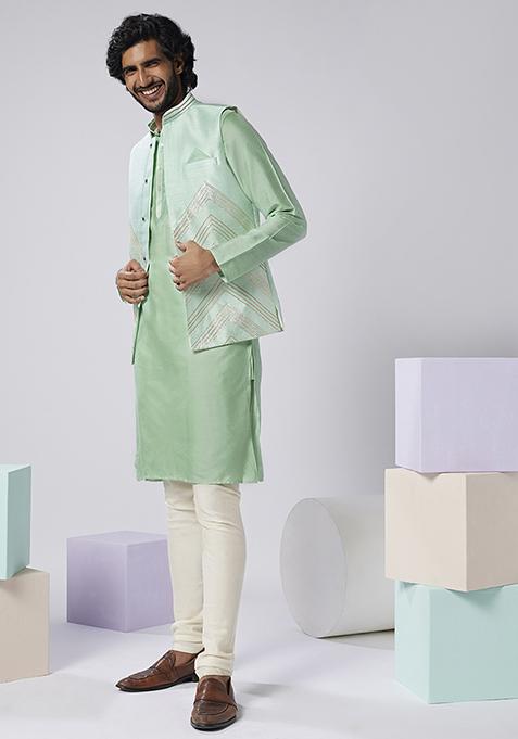Aqua Green Embroidered Silk Blend Jacket