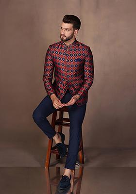 Maroon And Navy Blue Textured Silk Blend Jacquard Bandhgala Set