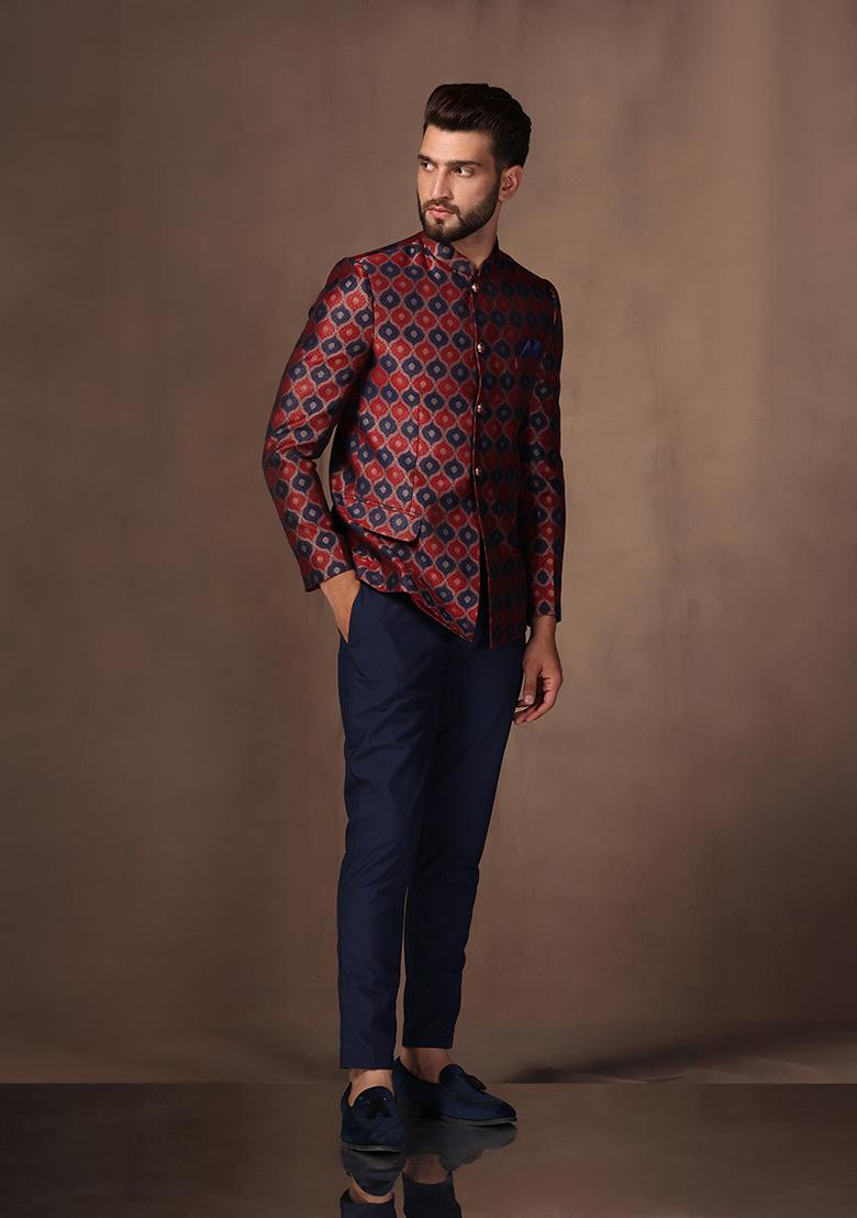 Maroon And Navy Blue Textured Silk Blend Jacquard Bandhgala Set - Indya