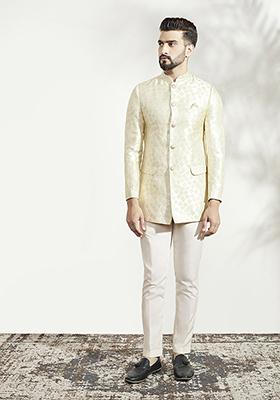 Off White Textured Silk Blend Jacquard Bandhgala Set