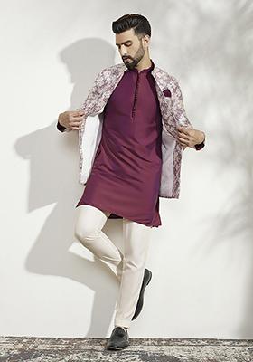 Multicolour Jacquard Silk Blend Mid Kurta Bandhgala Set