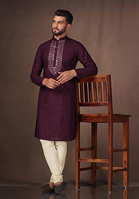 Purple Embroidered Cotton Blend Kurta Set