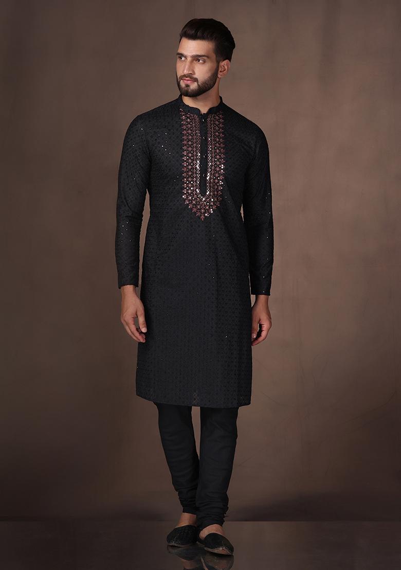 Black Embroidered Cotton Blend Kurta Set - Indya