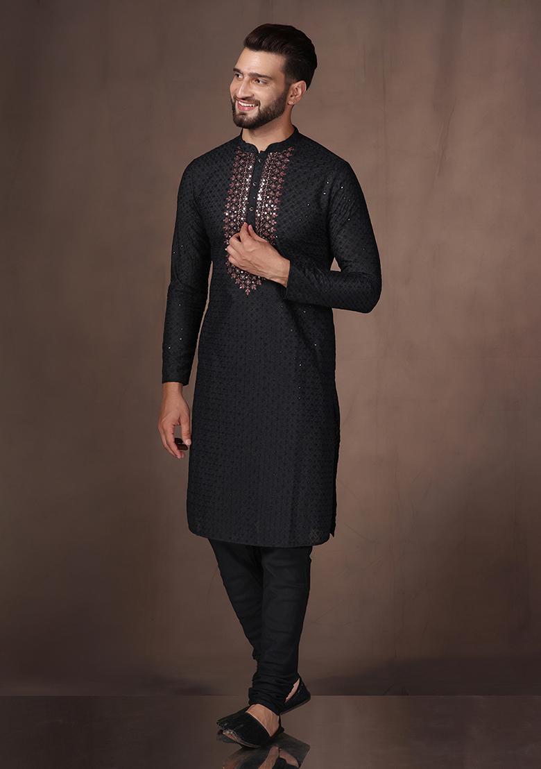 Black Embroidered Cotton Blend Kurta Set - Indya