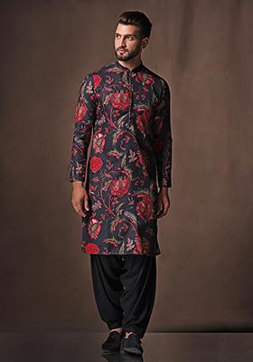Black Printed Cotton Blend Kurta Set