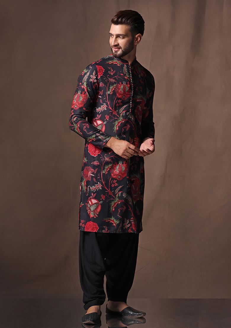 Black Printed Cotton Blend Kurta Set - Indya