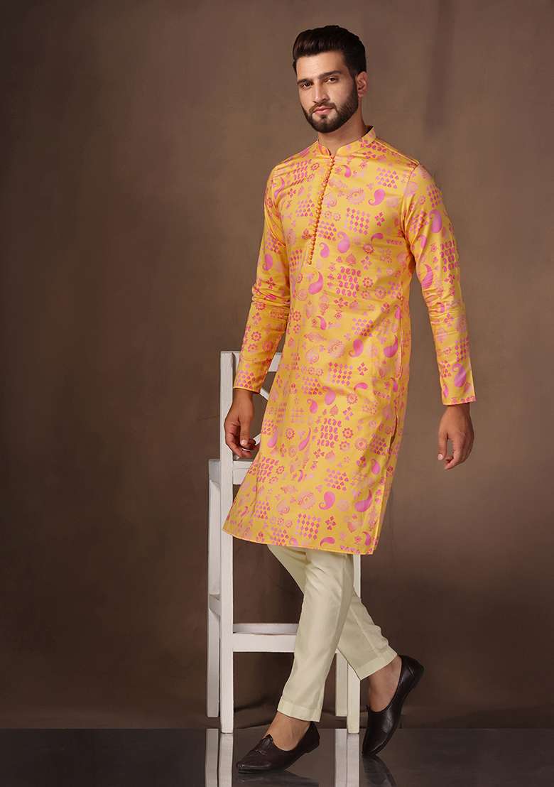 Yellow Digital Print Cotton Blend Kurta Set - Indya