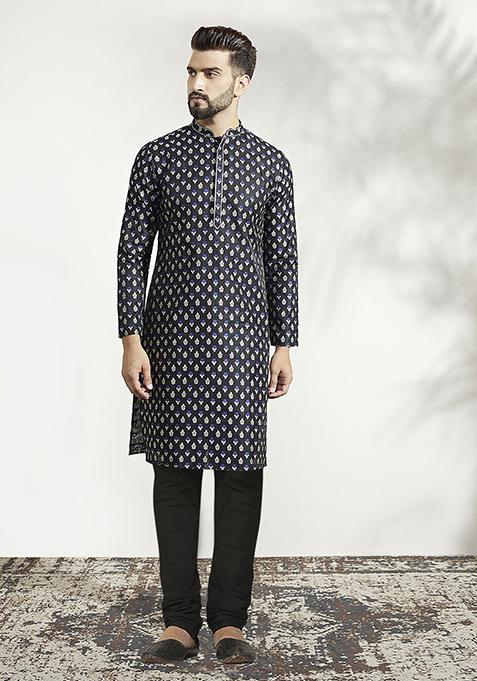 Black Jacquard Silk Blend Kurta Set