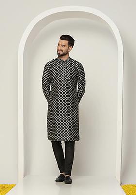 Black Jacquard Silk Blend Kurta Set