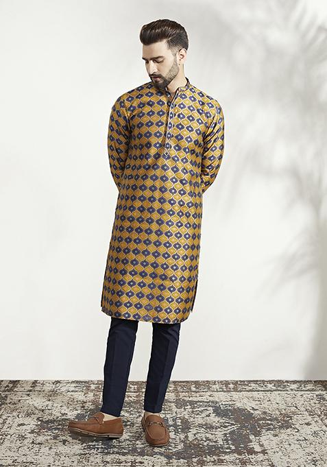 Mustard Jacquard Silk Blend Kurta Set