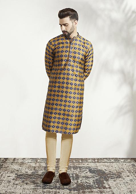 Mustard Jacquard Silk Blend Kurta Set