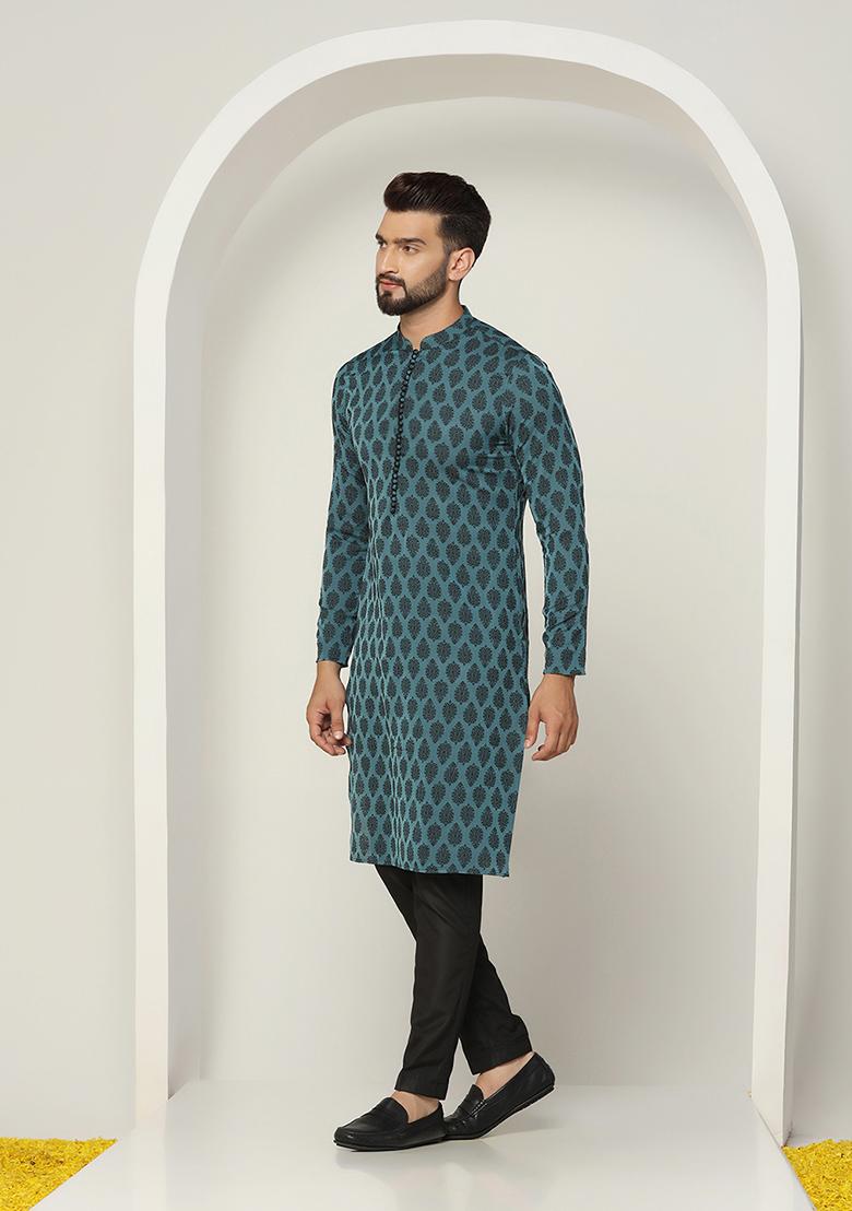 Blue Jacquard Silk Blend Kurta Set - Indya