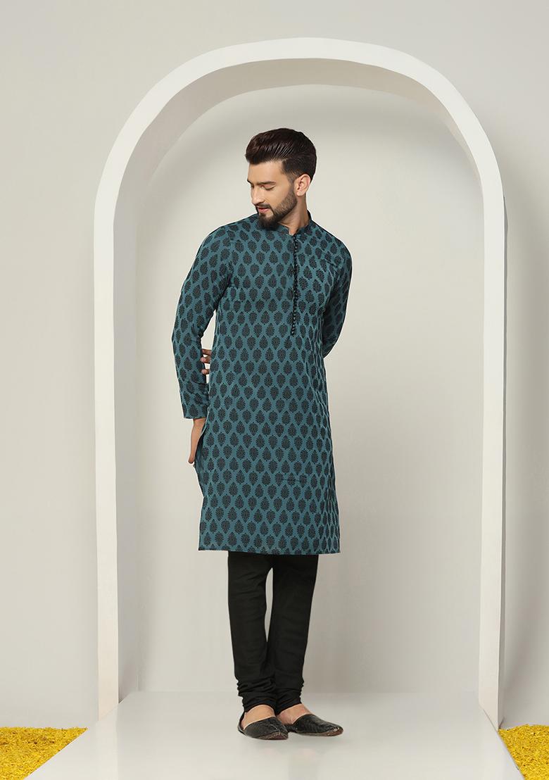 Blue Jacquard Silk Blend Kurta Set - Indya