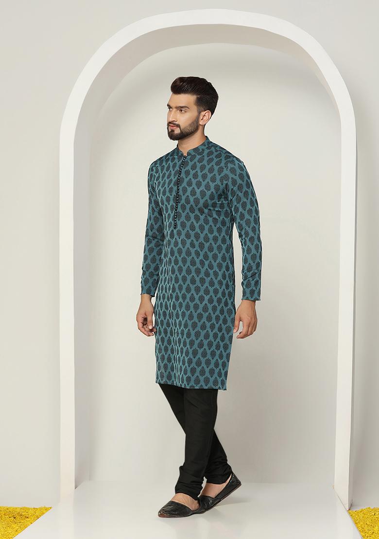 Blue Jacquard Silk Blend Kurta Set - Indya