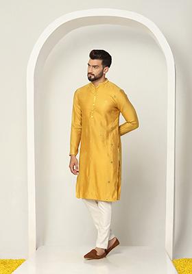 Mustard Jacquard Silk Blend Kurta Set