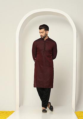 Maroon Jacquard Silk Blend Kurta Set