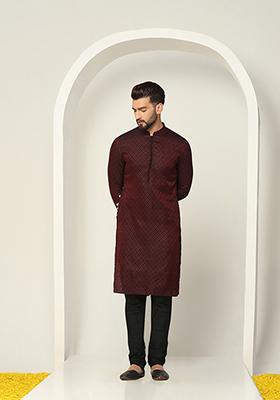 Maroon Jacquard Silk Blend Kurta Set