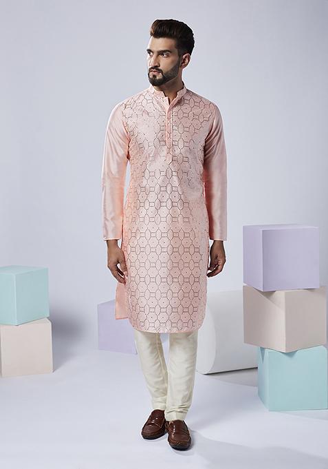 Blush Pink Embroidered Silk Blend Kurta Set