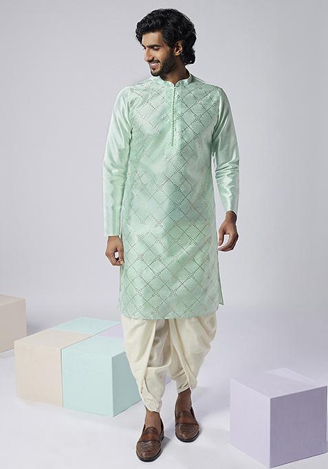 Aqua Green Embroidered Silk Blend Kurta Set
