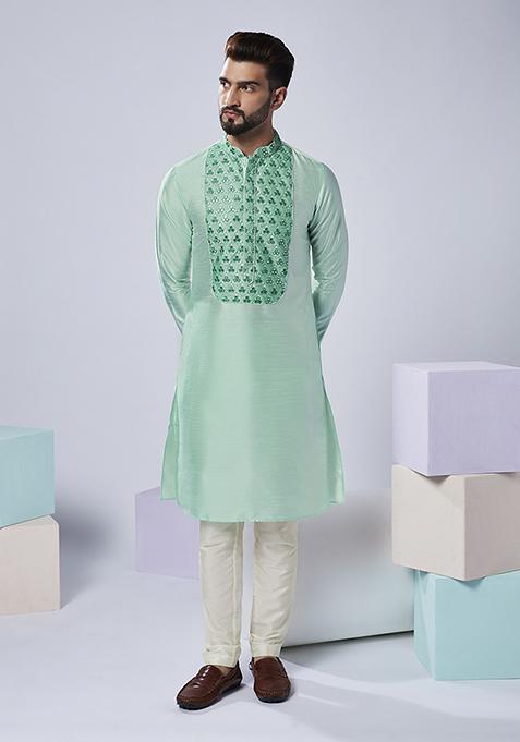 Aqua Green Embroidered Silk Blend Kurta Set