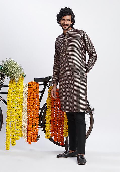 Black Foil Print Cotton Blend Kurta Set