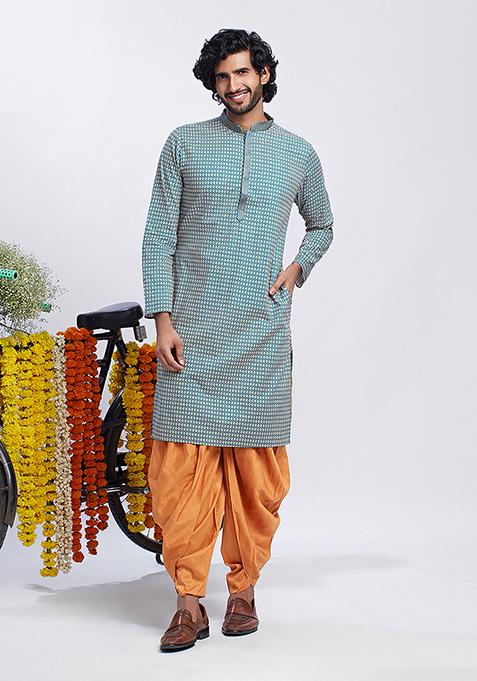 Blue Printed Cotton Blend Kurta Set