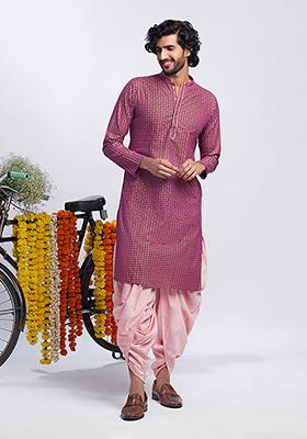 Hot Pink Foil Print Cotton Blend Kurta Set