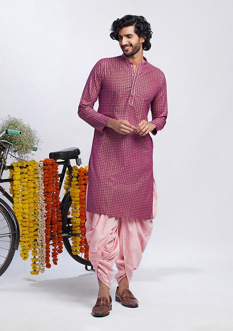 Hot Pink Foil Print Cotton Blend Kurta Set
