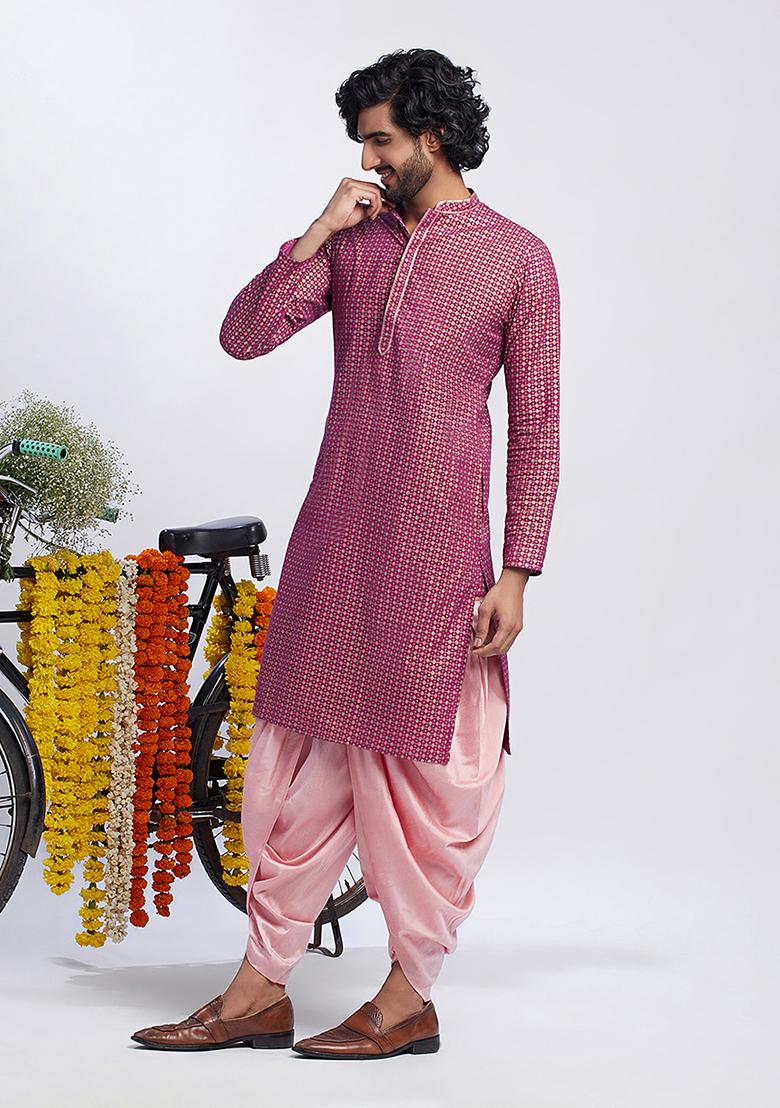Hot Pink Foil Print Cotton Blend Kurta Set