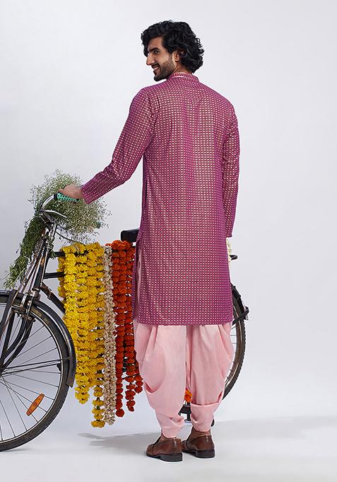 Hot Pink Foil Print Cotton Blend Kurta Set