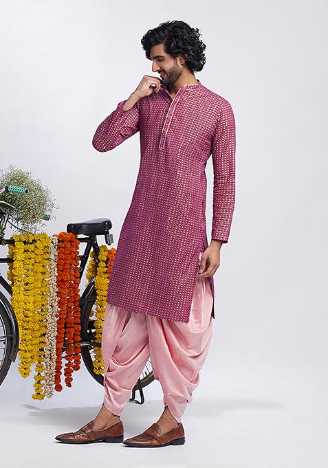 Hot Pink Foil Print Cotton Blend Kurta Set