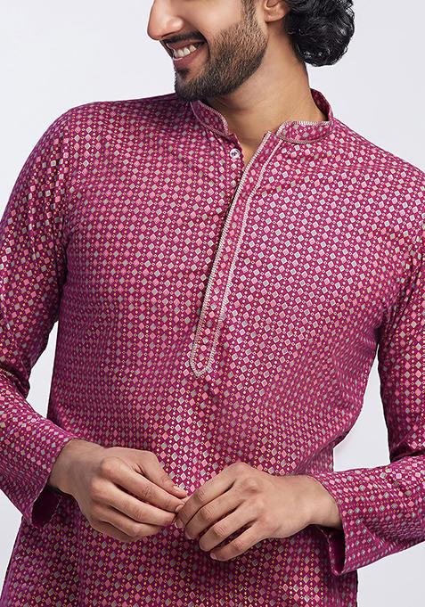 Hot Pink Foil Print Cotton Blend Kurta Set