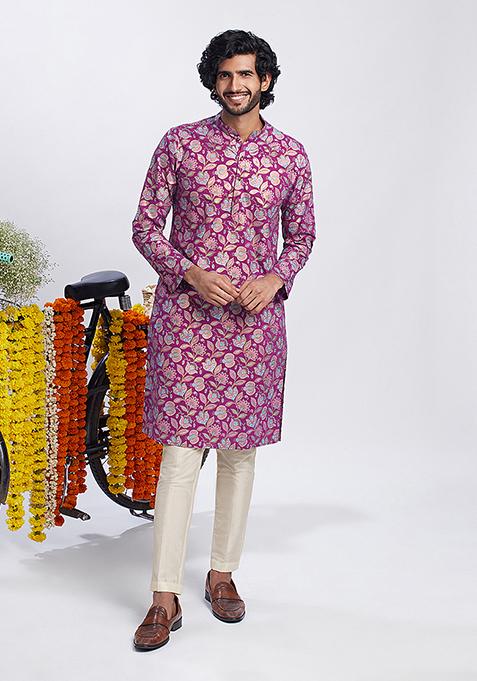 Hot Pink Foil Print Cotton Blend Kurta Set