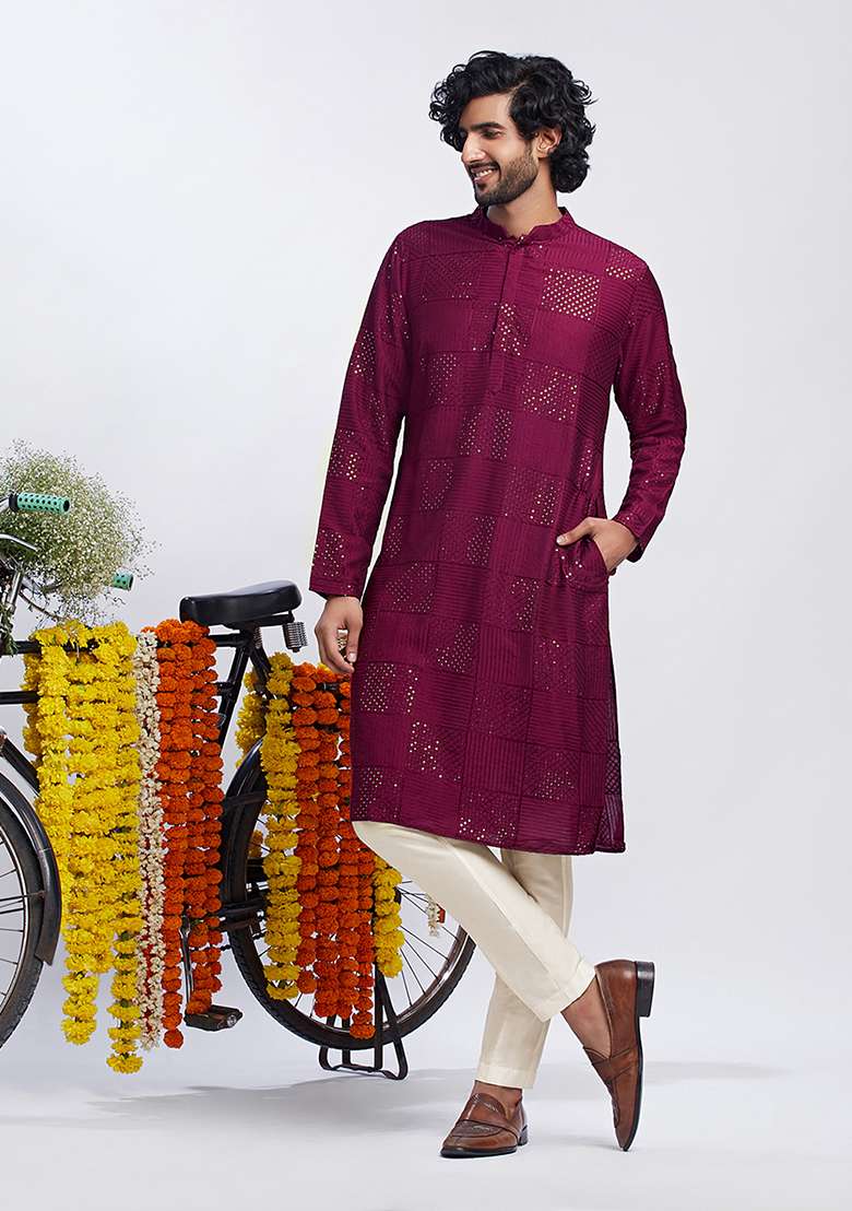 Wine Embroidered Cotton Blend Kurta Set - Indya
