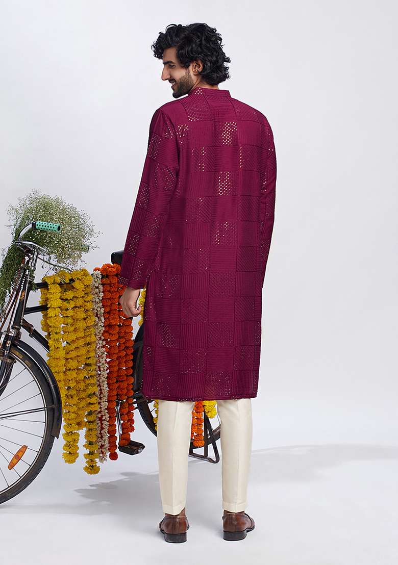 Wine Embroidered Cotton Blend Kurta Set - Indya