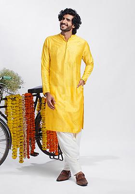 Yellow Embroidered Cotton Blend Kurta Set