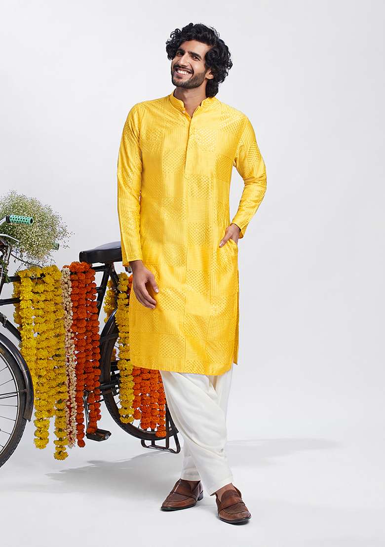 Yellow Embroidered Cotton Blend Kurta Set - Indya