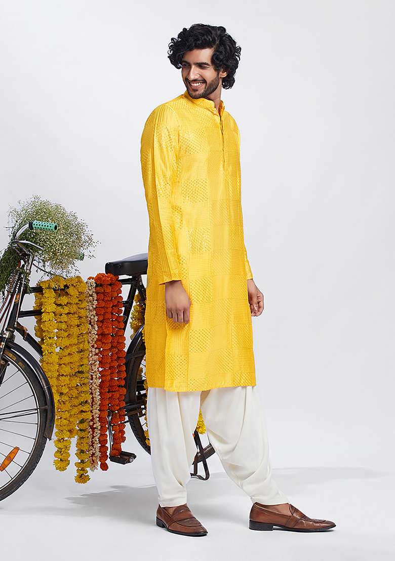 Yellow Embroidered Cotton Blend Kurta Set - Indya