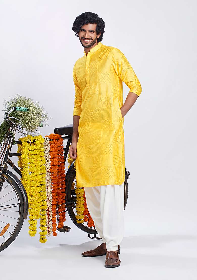 Yellow Embroidered Cotton Blend Kurta Set - Indya
